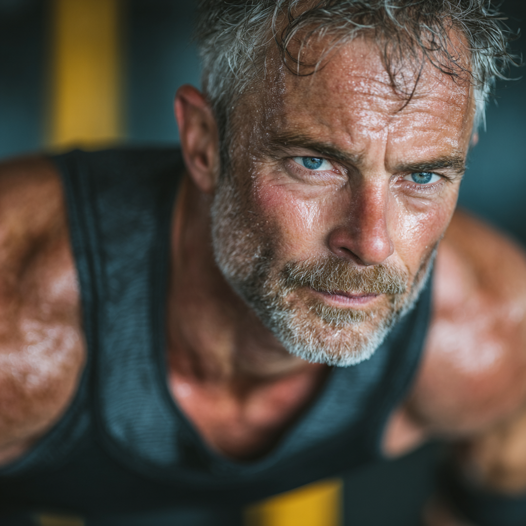 Mature male athlete in his fifties performing functional training exercises with focus and determination