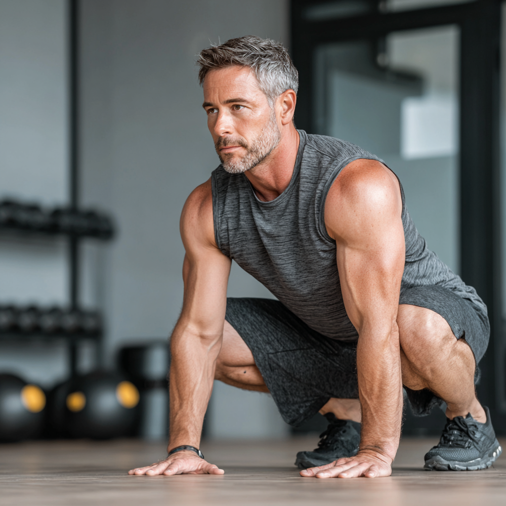 Professional male trainer in his forties demonstrating proper exercise form in a modern fitness studio
